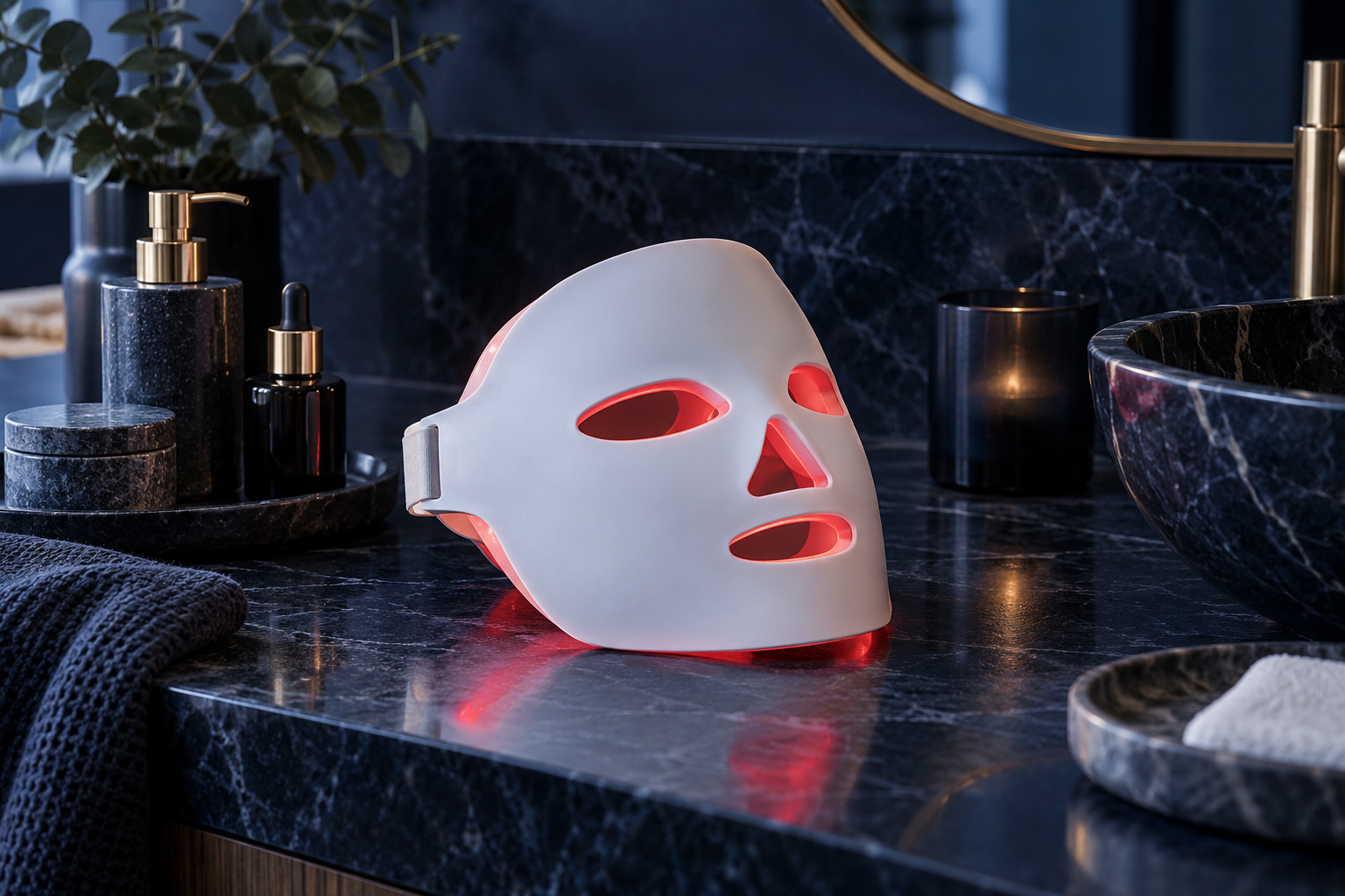 An unbranded LED face mask in a skincare setting